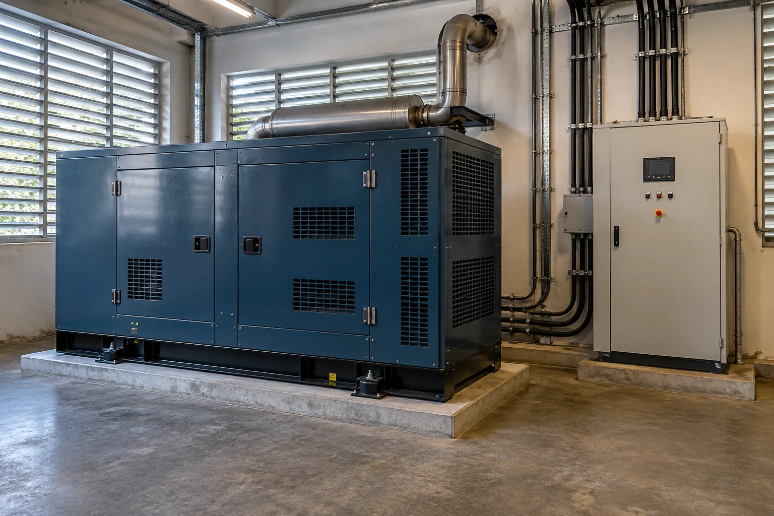 Konsep genset cadangan dan panel pemindah sumber dalam ruang utilitas