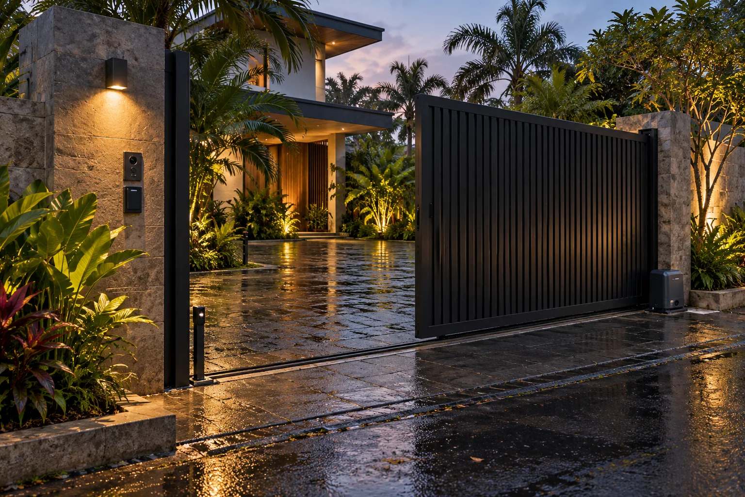 Konsep gerbang villa dengan perangkat akses dan sensor keselamatan